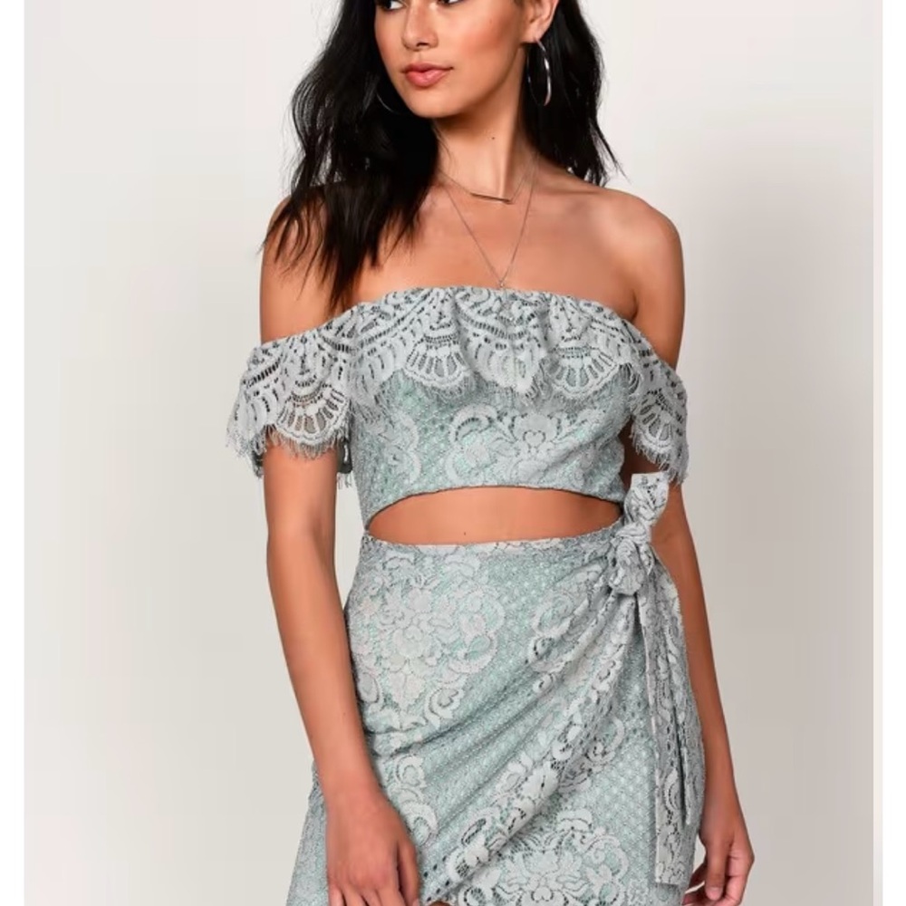 CARLY LACE OFF THE SHOULDER MINI DRESS - DUSTY MINT